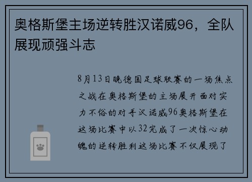 奥格斯堡主场逆转胜汉诺威96，全队展现顽强斗志