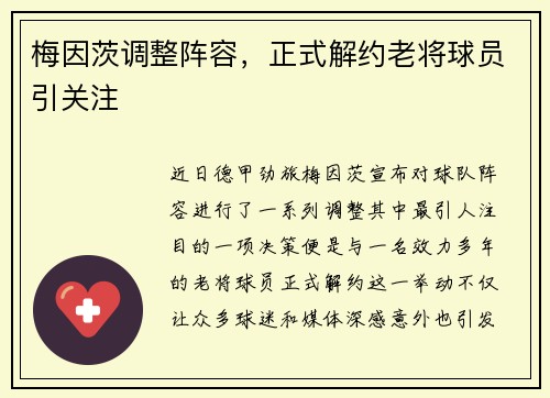 梅因茨调整阵容，正式解约老将球员引关注