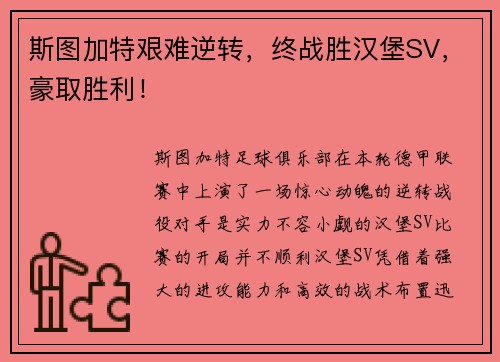 斯图加特艰难逆转，终战胜汉堡SV，豪取胜利！